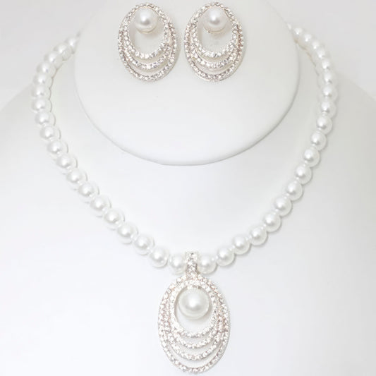 Rhinestone Pearl Necklace & Earrings Set